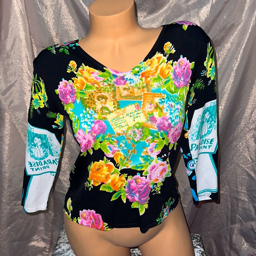 Free People Floral Long Sleeve Tee - Black and Multicolor